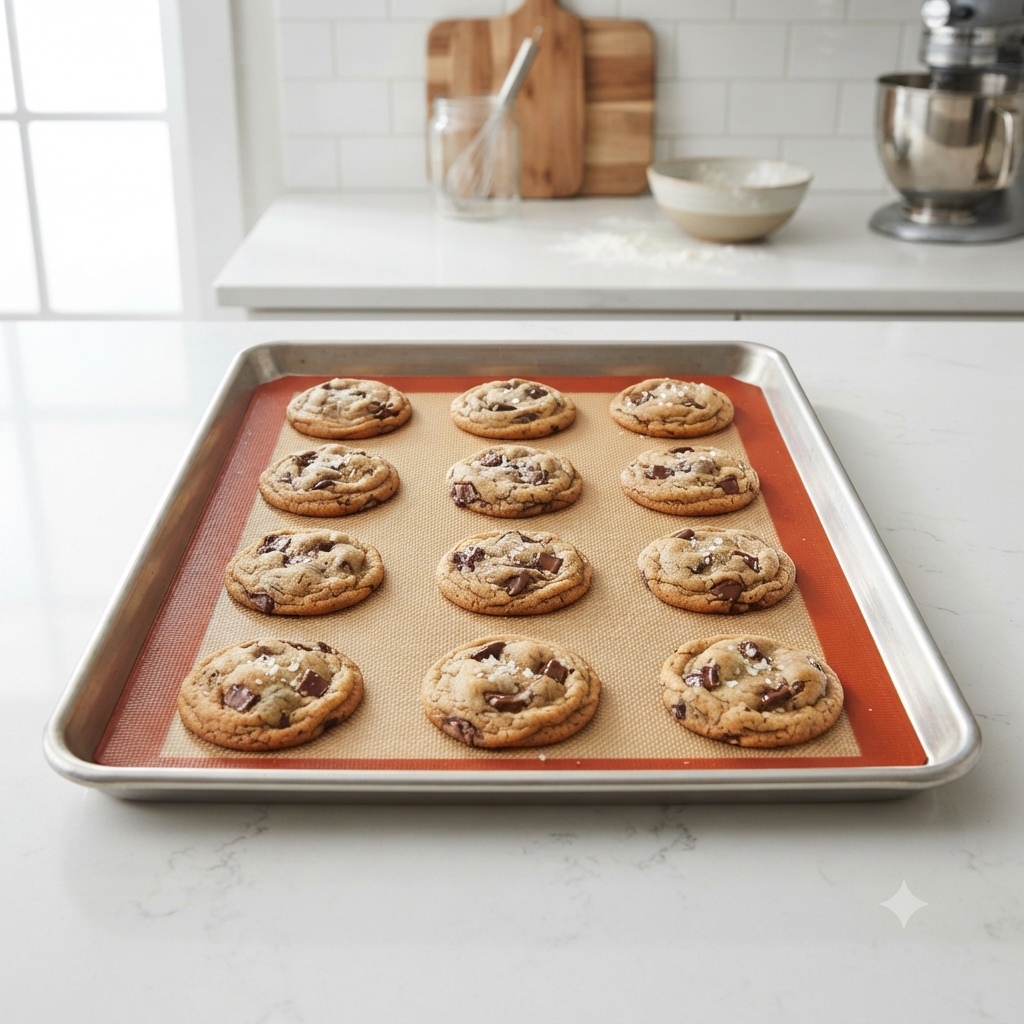 Reusable silicone baking mat with freshly baked cookies