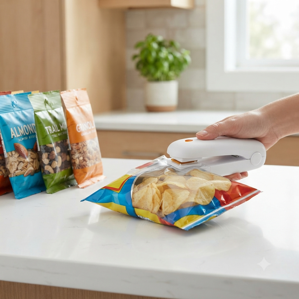 Portable mini heat sealer sealing a snack bag