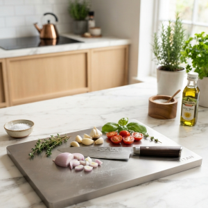 Titanium Cutting Board on modern kitchen countertop with fresh vegetables