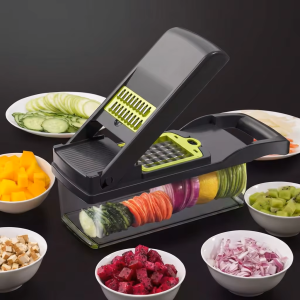 Adjustable Vegetable Chopper with stainless steel blades and transparent container for fast meal preparation