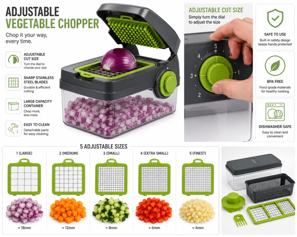 Adjustable vegetable chopper with freshly chopped vegetables on a cutting board