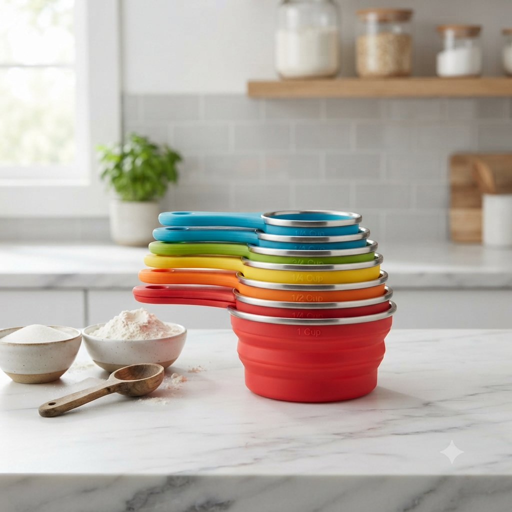 Collapsible measuring cups neatly stacked on a white kitchen countertop