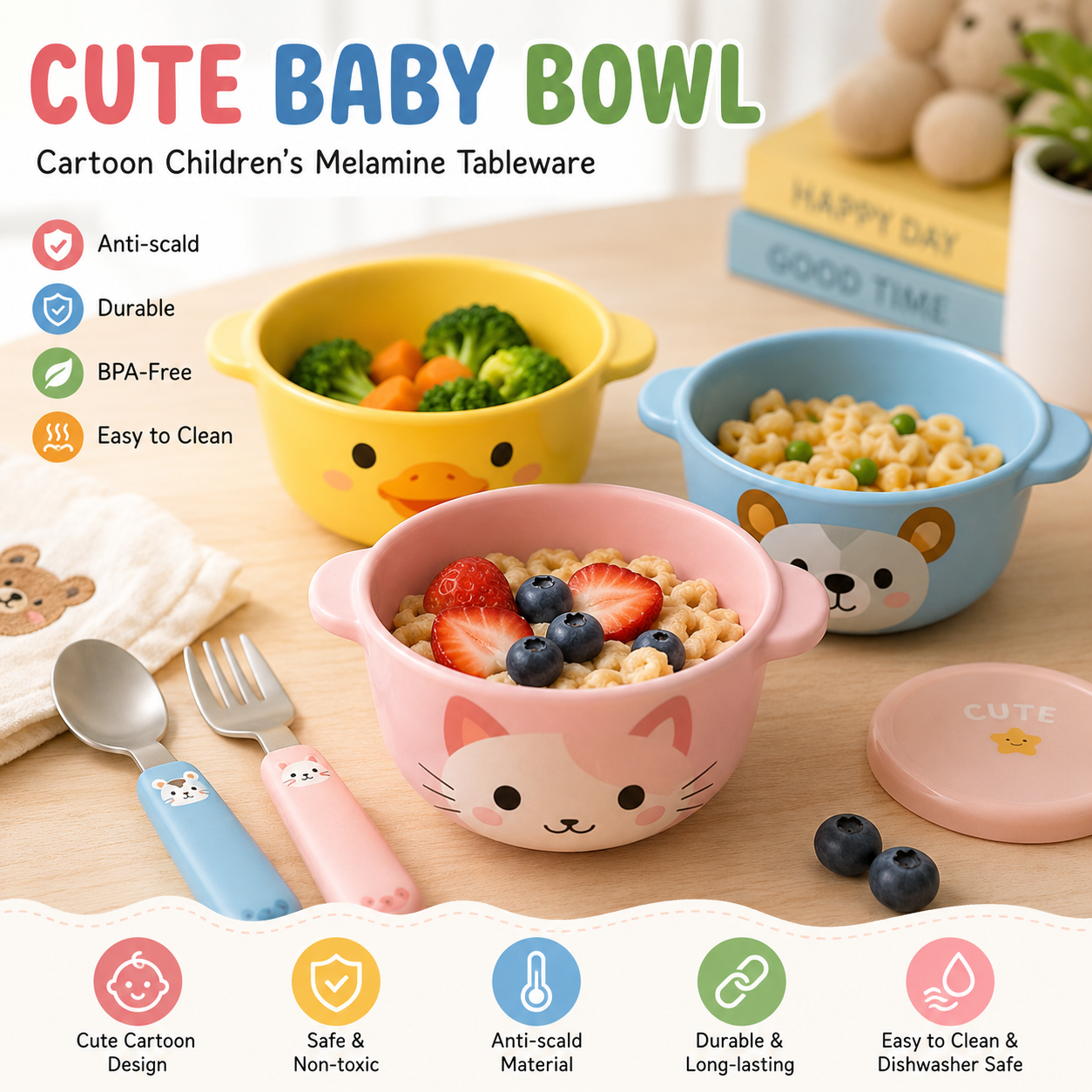 Cute Baby Cartoon Melamine Feeding Bowl for Kids