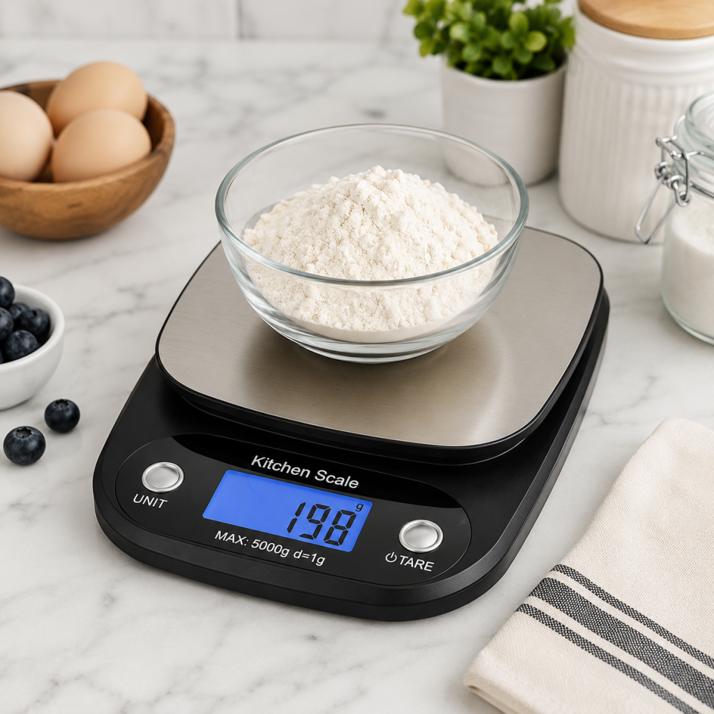 Digital kitchen scale on a clean kitchen countertop for accurate food measurement