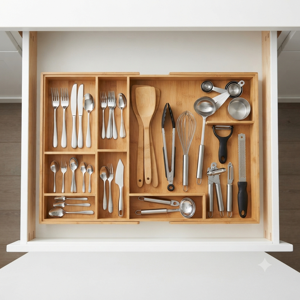 Adjustable kitchen drawer organizer neatly arranged with spoons, forks, knives, and cooking utensils inside a modern kitchen drawer.
