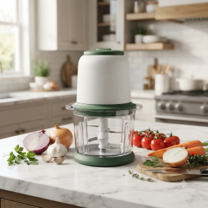 Electric Vegetable Chopper with stainless steel blades and USB rechargeable design on a modern kitchen countertop