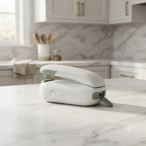 Rechargeable Chip Bag Sealer with built-in cutter on a modern kitchen countertop for keeping snack bags fresh