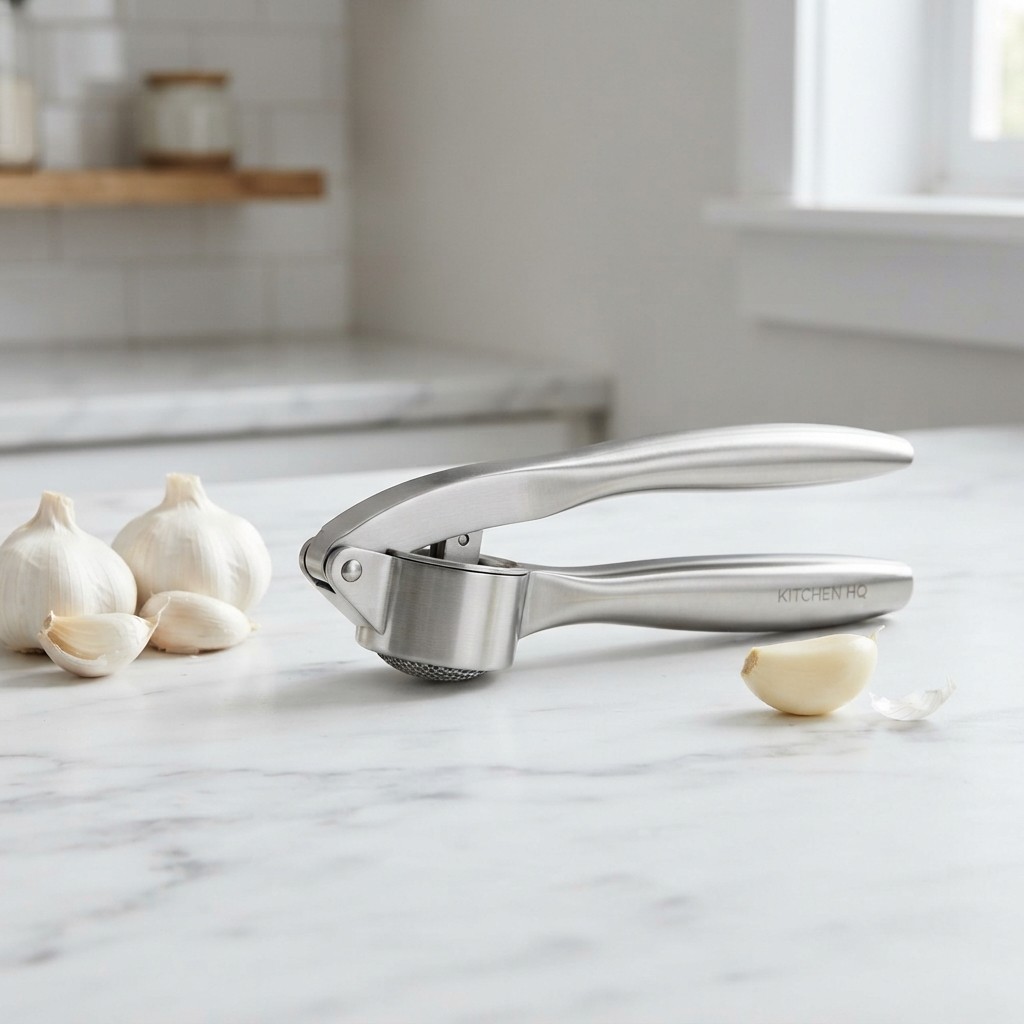 Stainless steel garlic press on a white kitchen countertop
