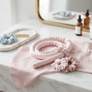Heatless Hair Curlers & Silk Styling Set on a white vanity for creating overnight curls without heat damage