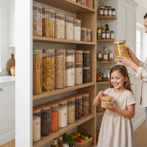 Aesthetic Food Storage Containers organizing a modern white pantry with a smiling woman and little girl arranging airtight containers filled with pasta, cereal, flour, rice, oats, coffee, and spices.