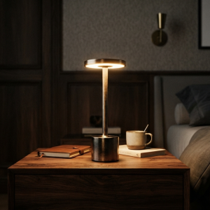 Rechargeable Cordless Table Lamp with warm LED lighting on a modern bedside table