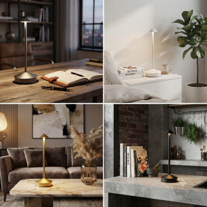 A 2x2 grid composite image displaying four different lifestyle scenes, each featuring the same minimalist conical desk lamp. Top-left: Dark wood desk with journal . Top-right: White bedside table with art books and a plant. Bottom-left: Marble coffee table with pampas grass vase. Bottom-right: Industrial kitchen counter with cookbooks.