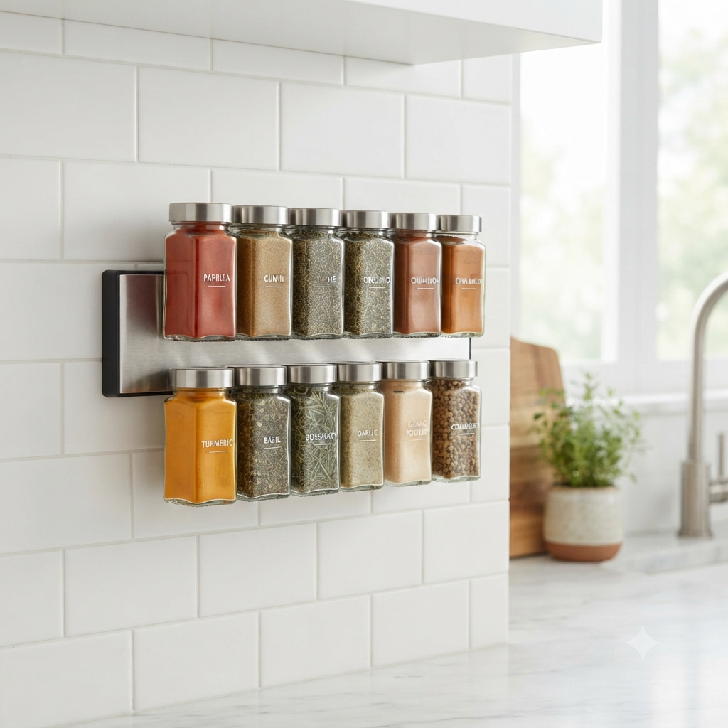 Magnetic spice jars neatly organized on a refrigerator for easy access