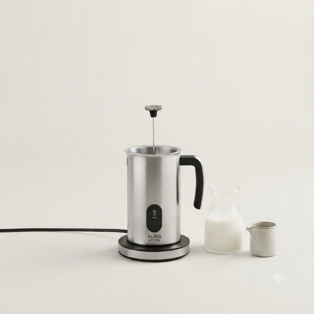 Handheld electric milk frothier creating creamy milk foam in a coffee mug