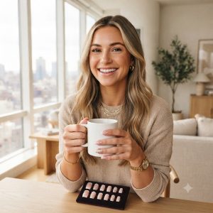 Bright French Tip Nails on a stylish American woman with glossy pink glitter French manicure in a modern luxury apartment