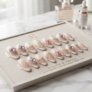 Luxury White French Press-On Nails with glossy French tips, pink heart rhinestones, and crystal accents.