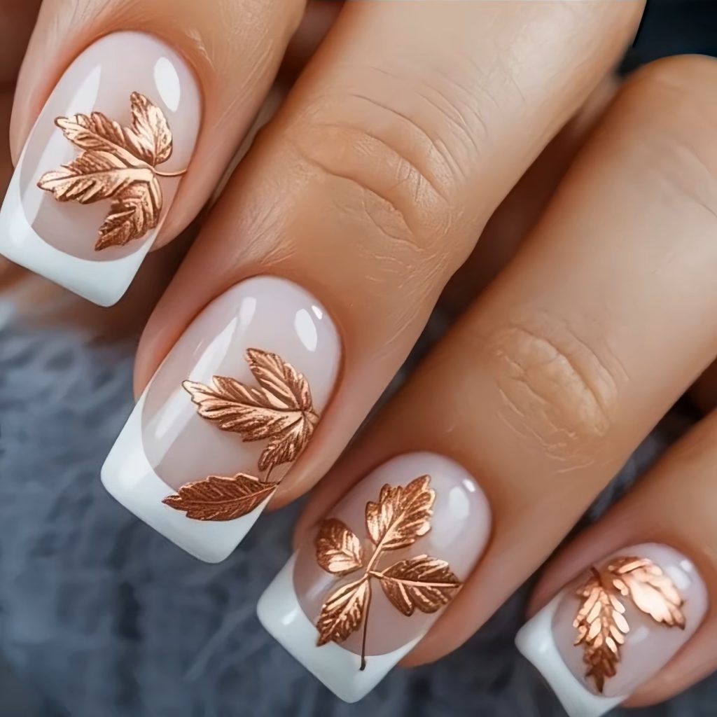 Medium square white French tip press on nails with floral butterfly nail art