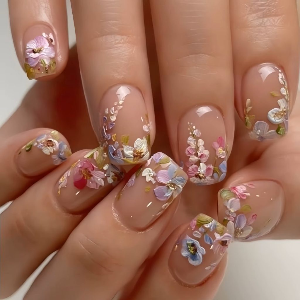Medium square white French tip press on nails with floral butterfly nail art