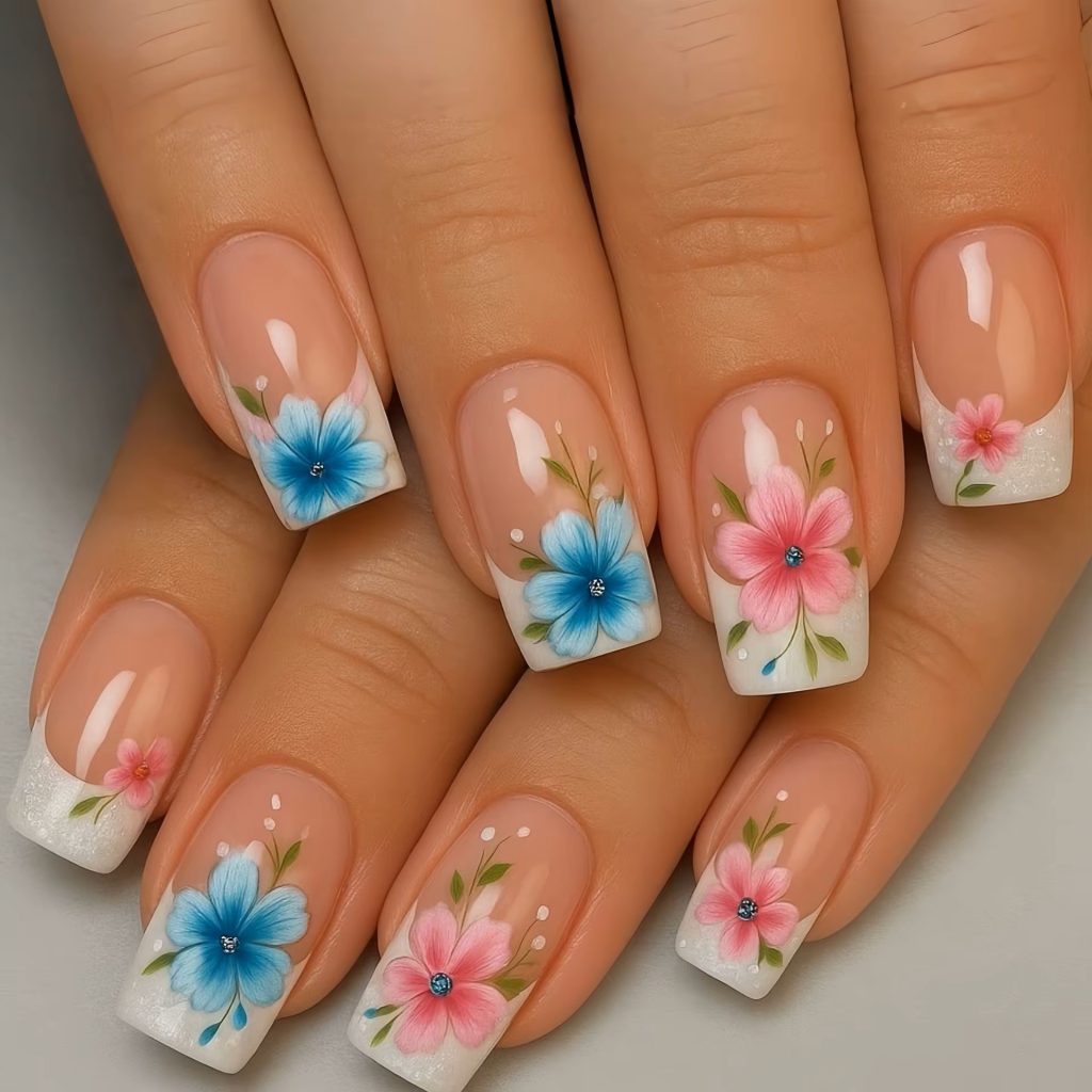 Medium square white French tip press on nails with floral butterfly nail art