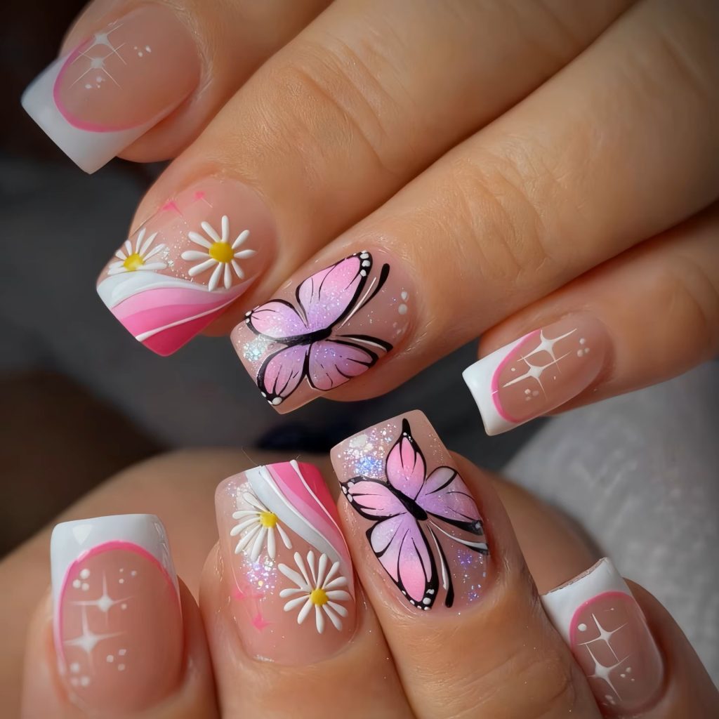 Medium square white French tip press on nails with floral butterfly nail art