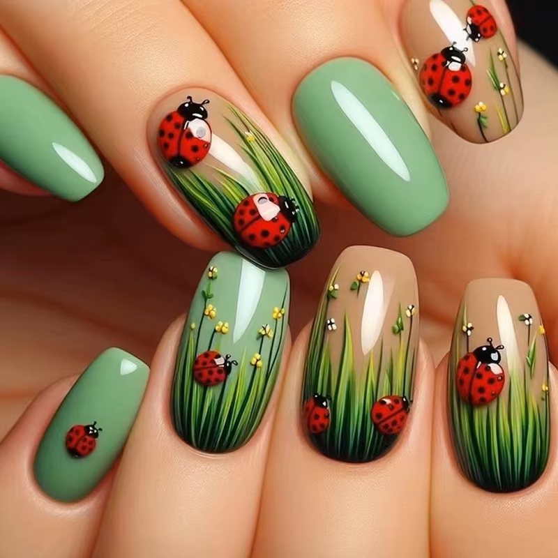 Medium square white French tip press on nails with floral butterfly nail art