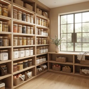 Luxury aesthetic food storage containers organized on wooden pantry shelves in a modern kitchen