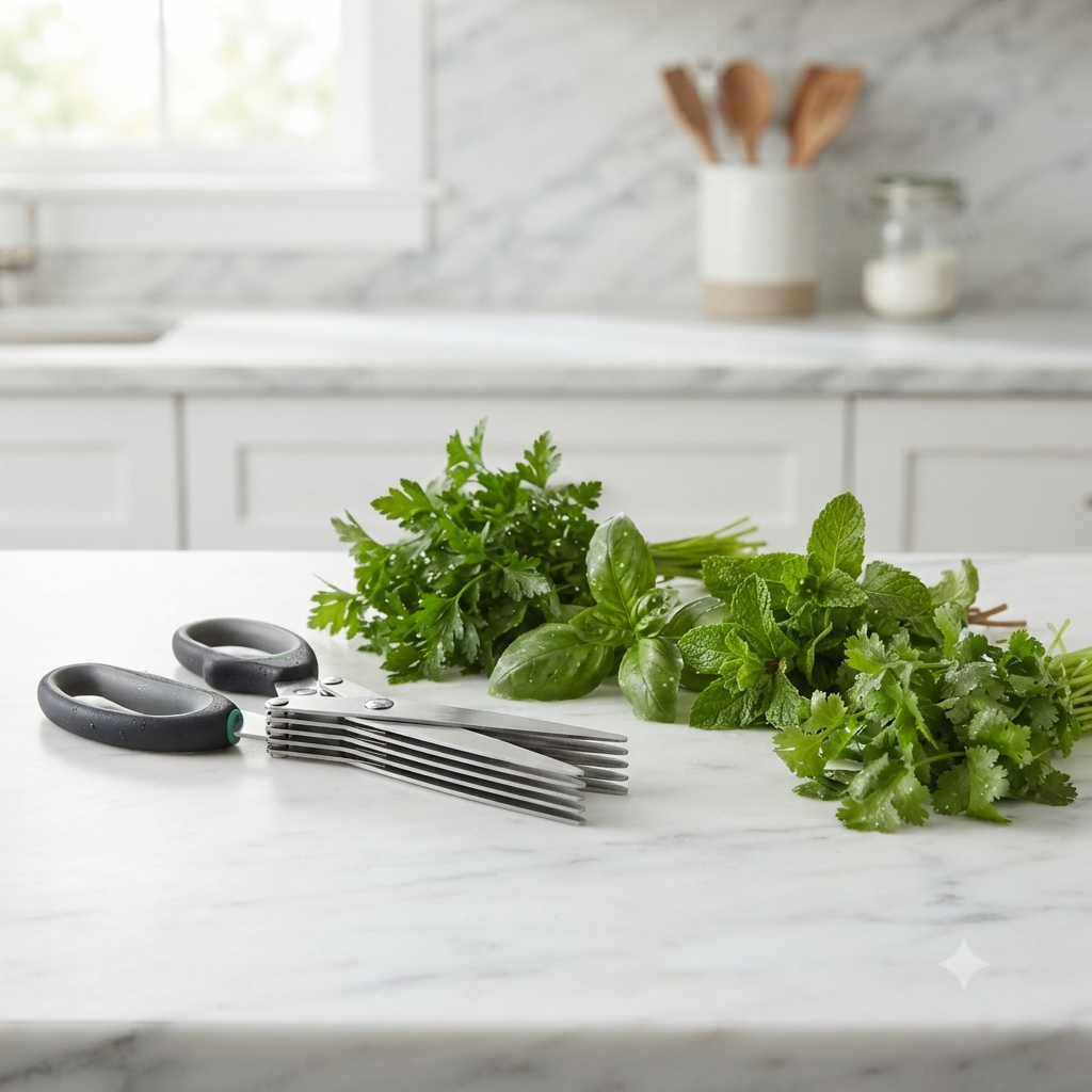 Multi-blade herb scissors with fresh herbs on a kitchen counter