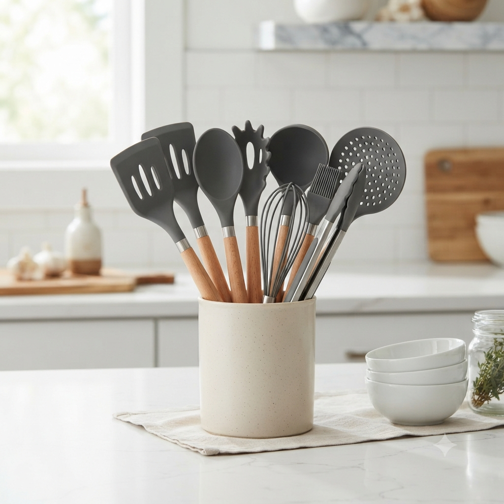 Colorful silicone cooking utensil set displayed in a modern kitchen