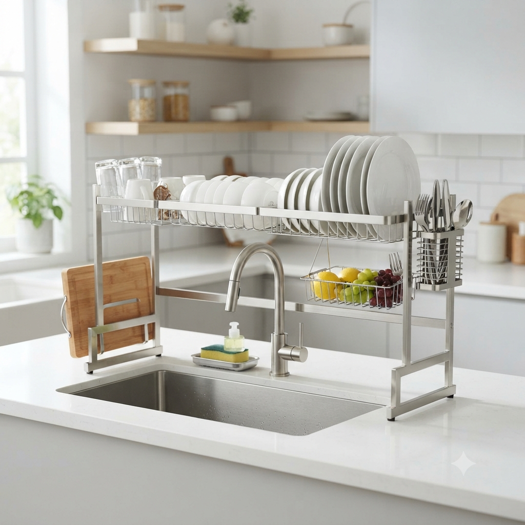 Over-the-sink drying rack holding clean dishes and kitchen utensils